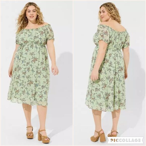 Torrid Green Chiffon Butterfly Print Peasant Midi Dress - Picture 1 of 10